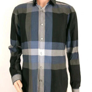 Express men's L blue black plaid long sleeve button down extra slim fit collared